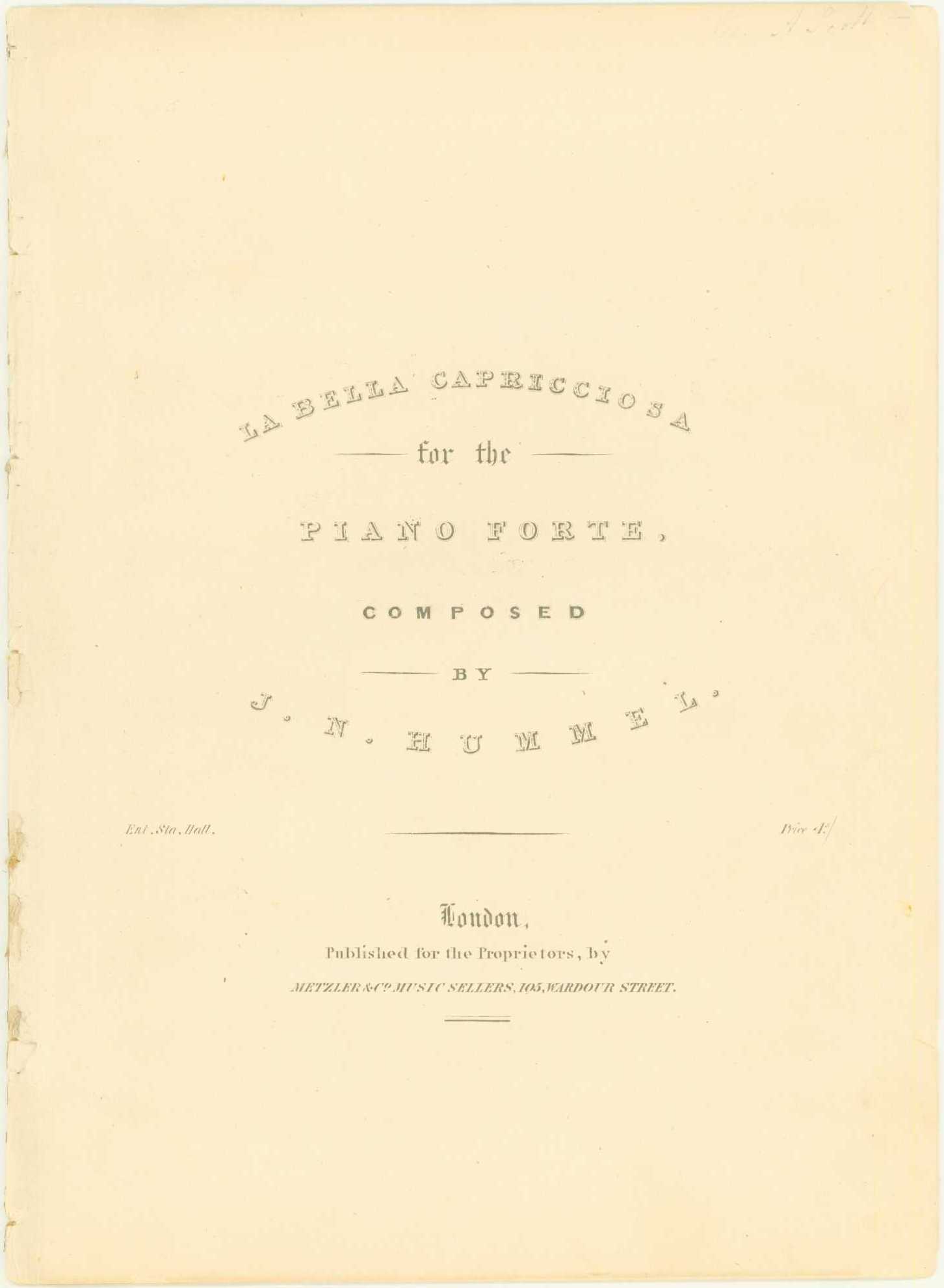 Hummel, Johann N. - La Bella Capricciosa for the Piano Forte